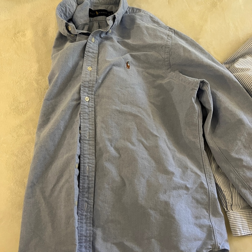 Bundle of 2 Ralph Lauren Classic Fit Oxford Shirts 1. Striped 2. Indigo Chambray